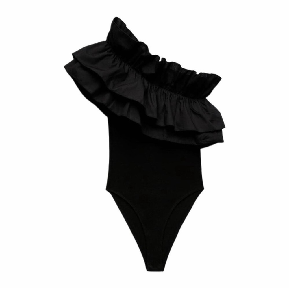 Zara Black Asymmetrical Ruffled Rib Bodysuit Size Small